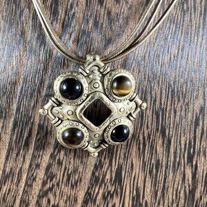 Bronze Pendant Necklace With Tiger Eye & Black Onyx Accents On Multi-Strand Cord
